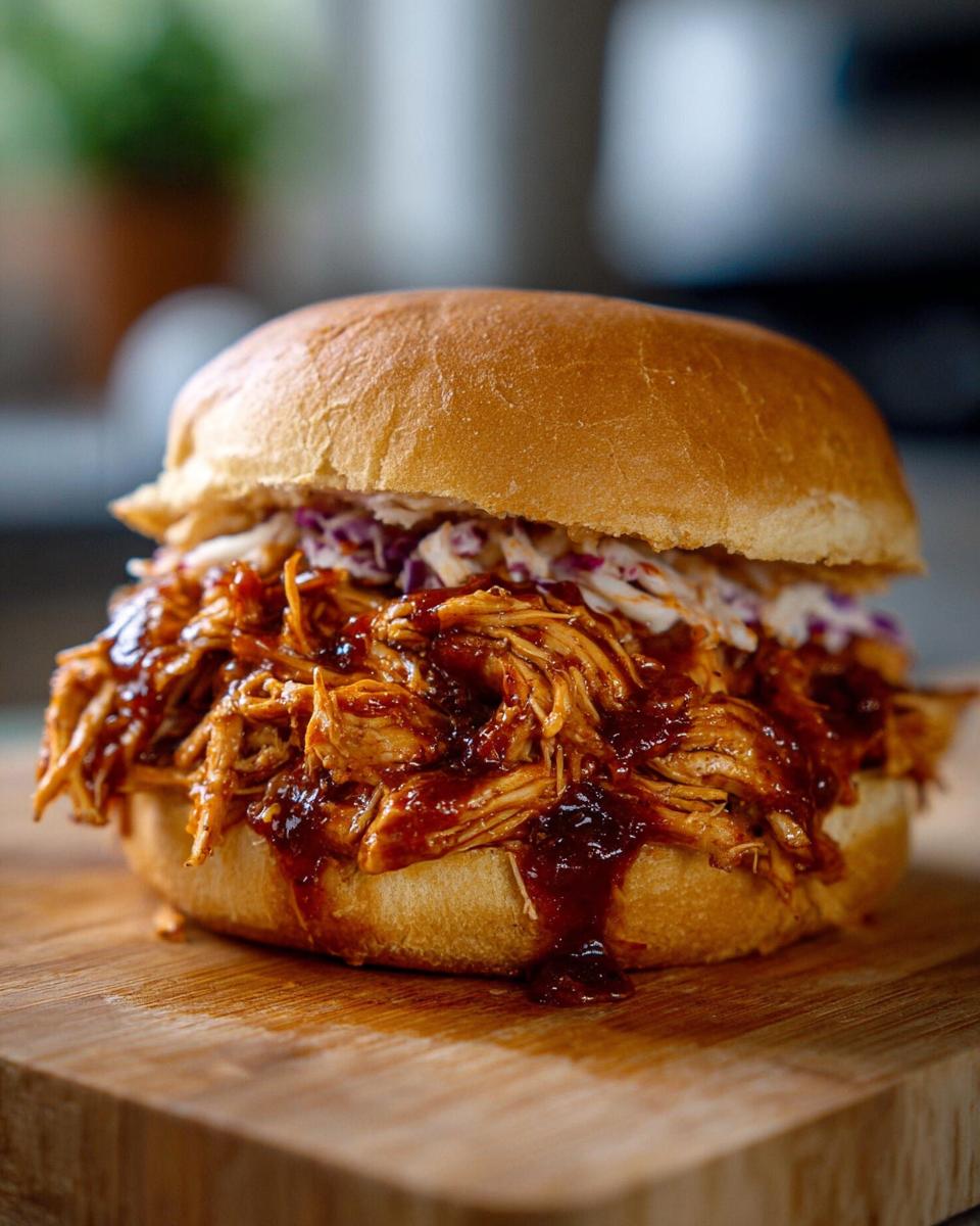 A close-up of a delicious BBQ chicken sandwich with shredded chicken filling and coleslaw.