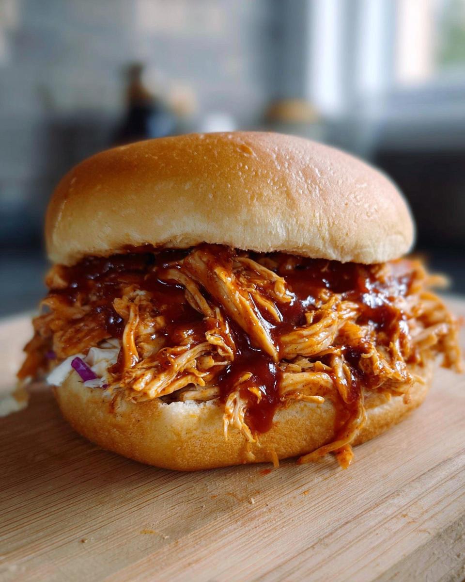 A delicious BBQ chicken sandwich with perfectly shredded chicken filling and coleslaw on a bun.