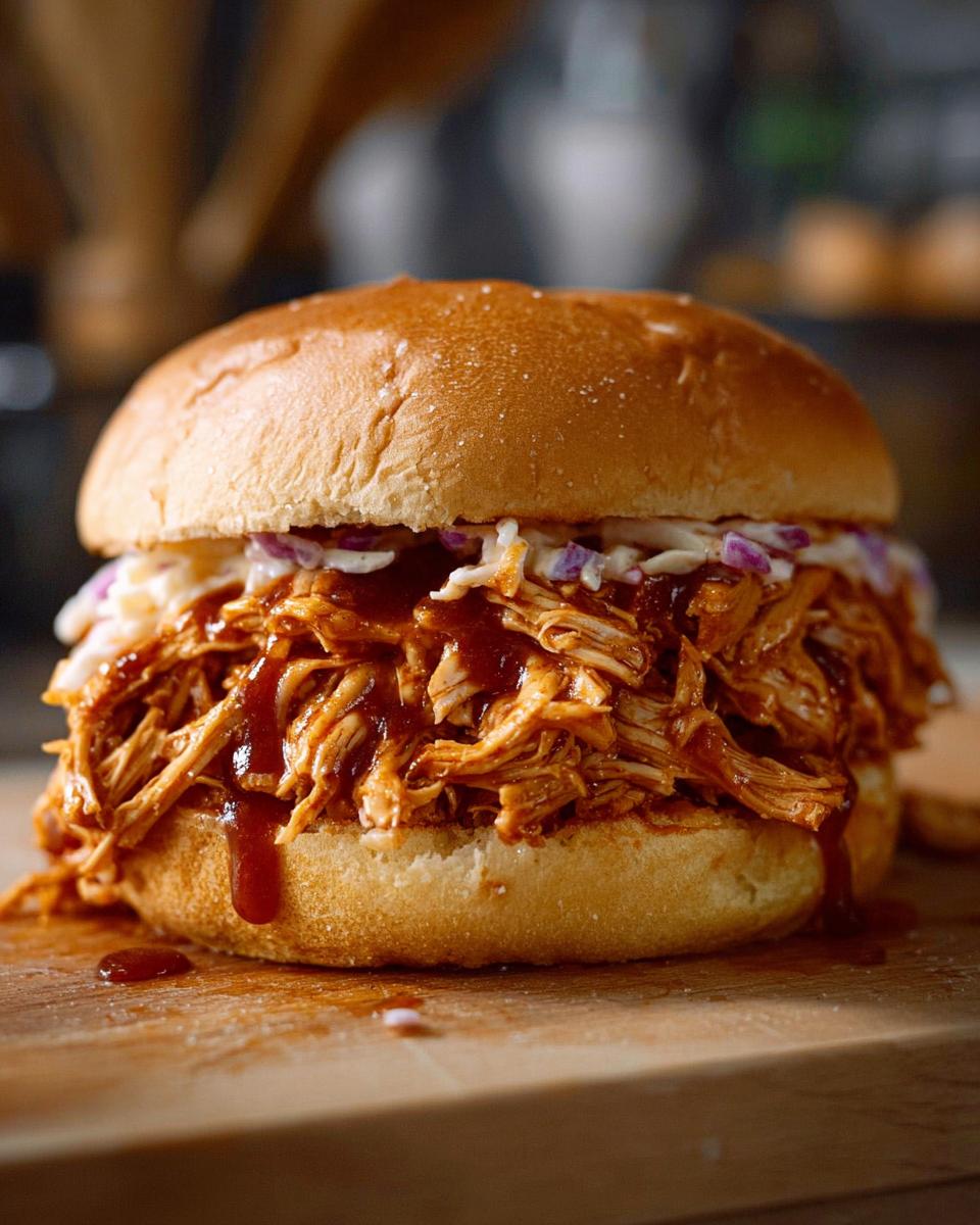 A close-up of a delicious BBQ Chicken Sandwich Filling that shreds perfectly, with coleslaw and BBQ sauce.
