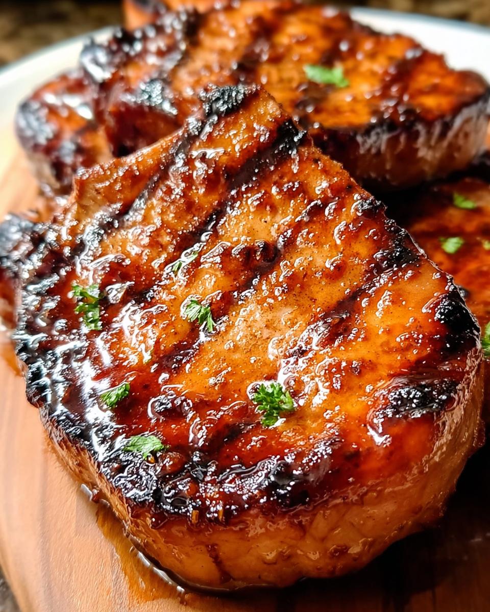 Close-up of juicy BBQ Pork Chops with a sweet smoky glaze, showing grill marks and a sprinkle of parsley.