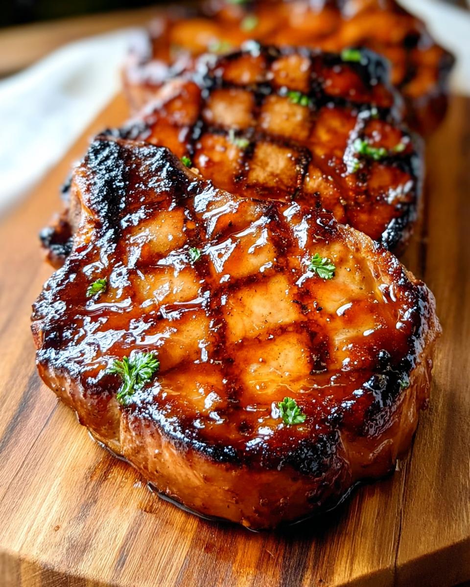Close-up of juicy BBQ Pork Chops with Sweet Smoky Glaze, grilled to perfection and garnished with parsley.