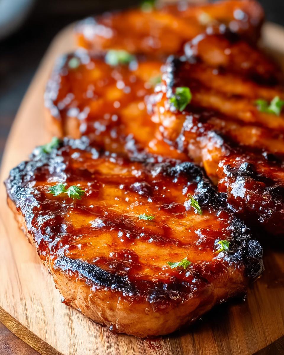 Close-up of juicy BBQ Pork Chops with a glistening sweet smoky glaze, garnished with fresh parsley.