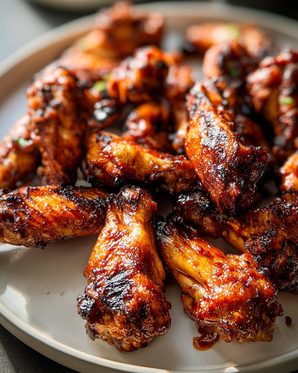 Close-up of a plate piled high with juicy BBQ Wings with Smoky Sauce and charred tips.
