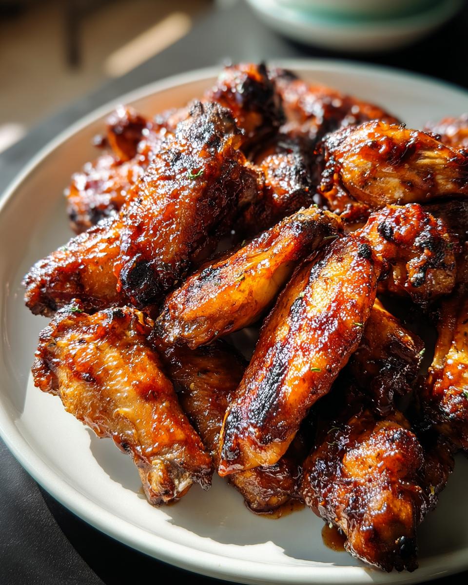 A close-up of a pile of delicious BBQ wings with smoky sauce and perfectly charred tips on a white plate.