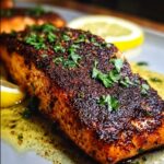 Close-up of a perfectly cooked Blackened Salmon fillet with a smoky spice rub, garnished with parsley and served with lemon slices.