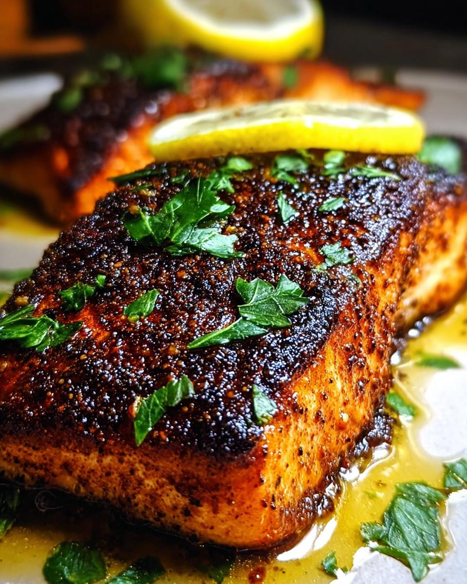 Close-up of a perfectly cooked Blackened Salmon fillet with a smoky spice rub, garnished with fresh parsley and a lemon slice.