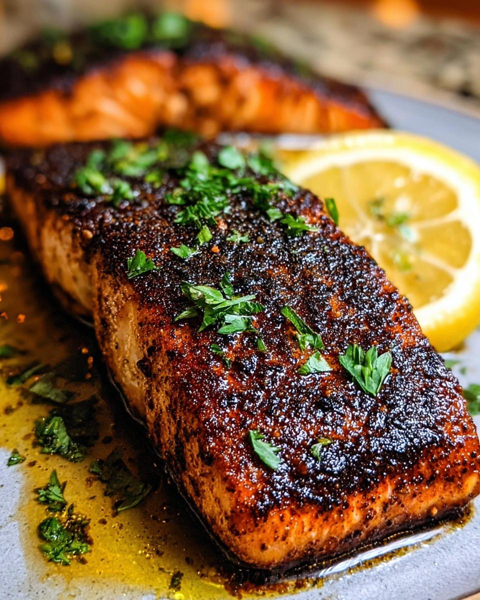 A close-up of a perfectly cooked blackened salmon fillet seasoned with a smoky spice rub and garnished with fresh parsley, served with a lemon wedge.