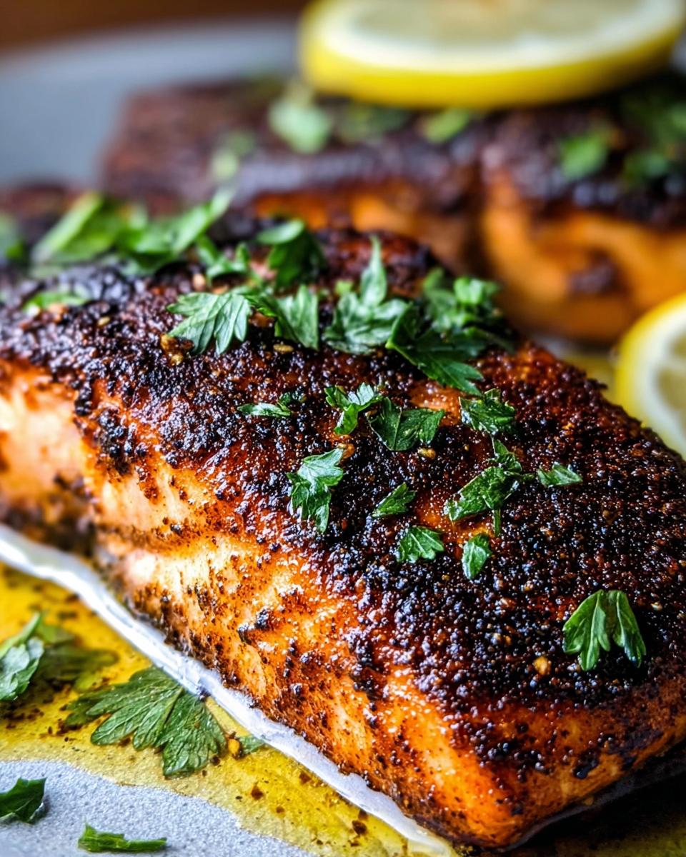 Close-up of a perfectly cooked blackened salmon fillet seasoned with a smoky spice rub and fresh parsley, served with lemon slices.