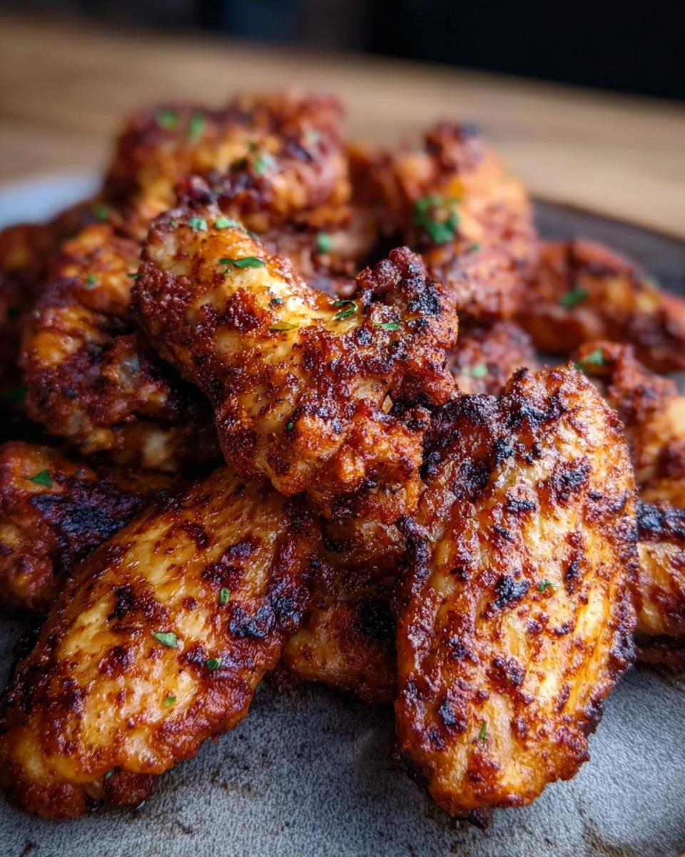 Close-up of delicious chicken wings coated in a bold dry rub with visible spices and herbs.