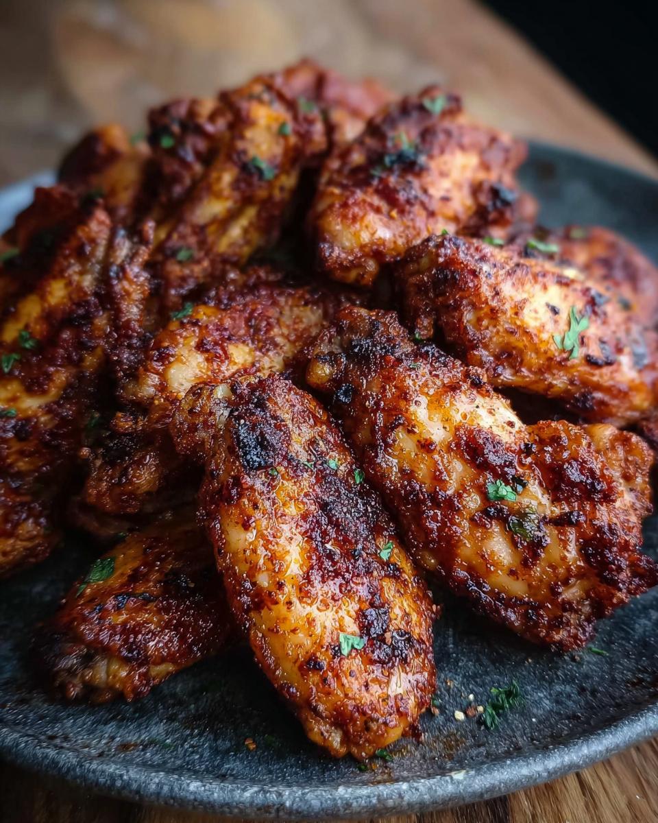 A pile of delicious chicken wings coated in a bold dry rub with visible spices and herbs.
