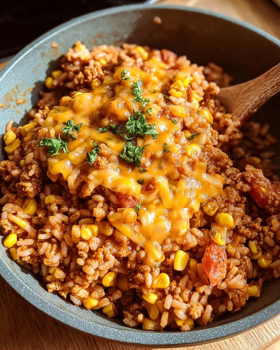 A bowl of bold turkey taco meat mixed with rice and corn, topped with melted cheese and parsley.