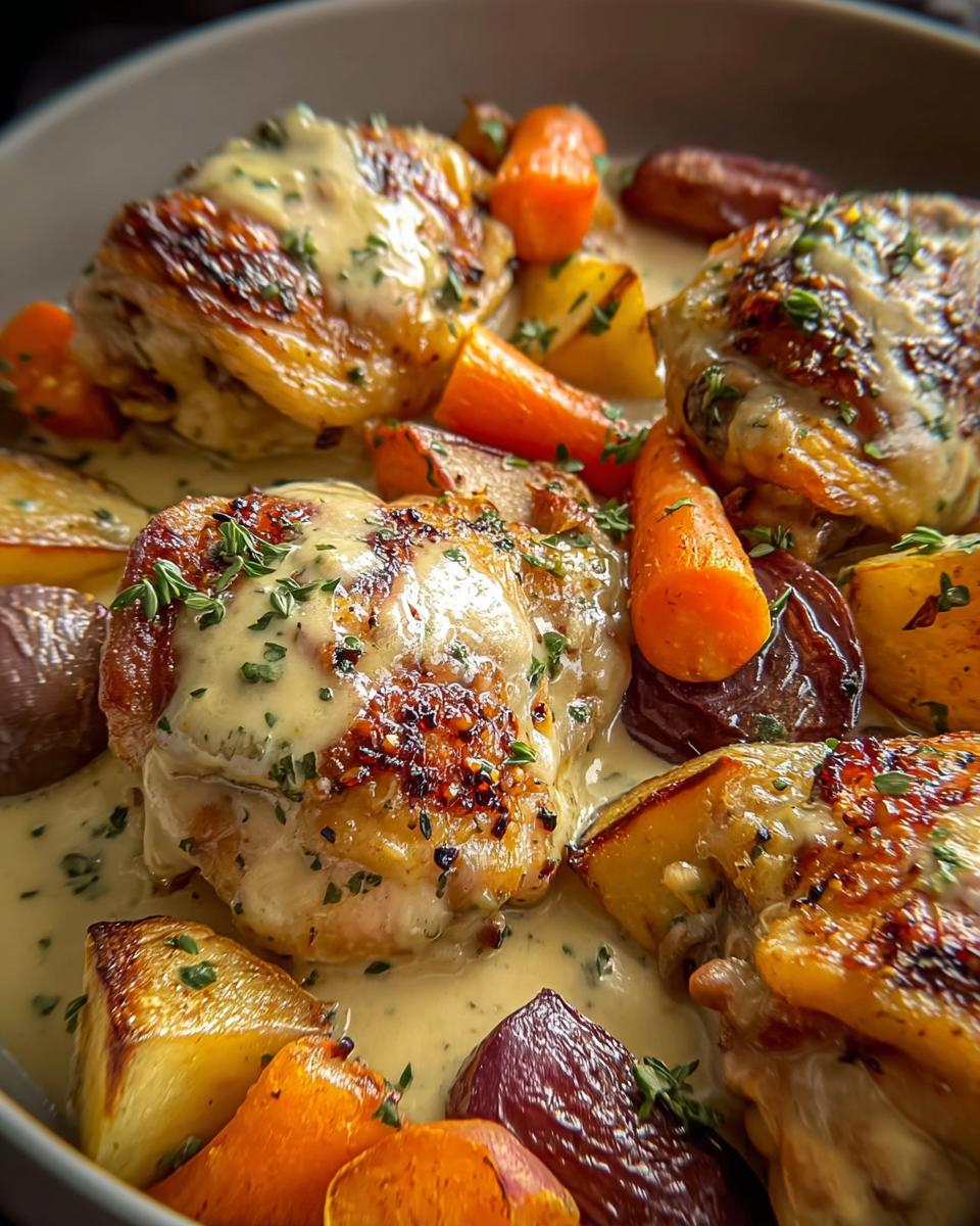 Close-up of Braised Chicken Thighs in Creamy Dijon Sauce with roasted potatoes and carrots.