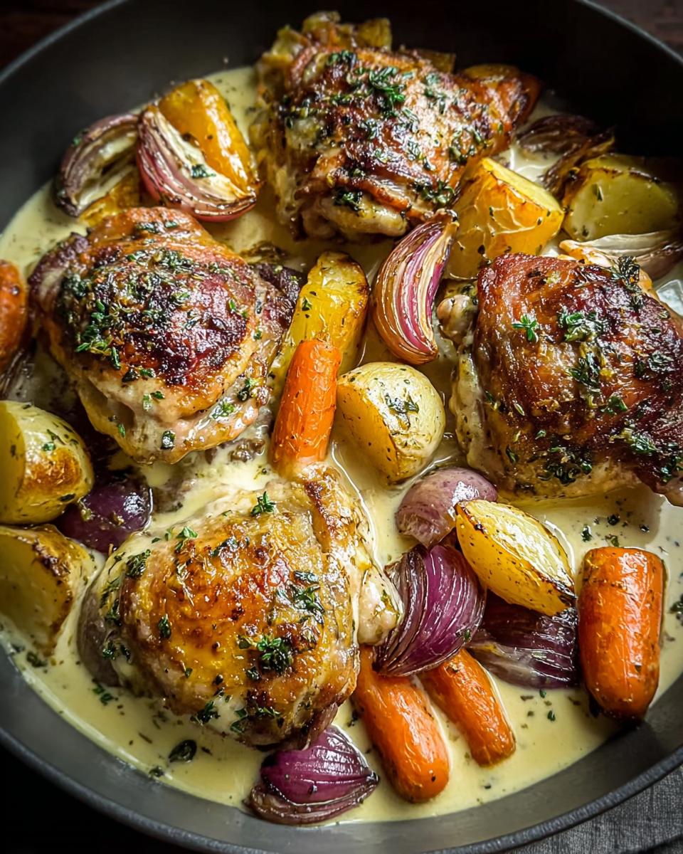 Close-up of Braised Chicken Thighs in Creamy Dijon Sauce with roasted vegetables.