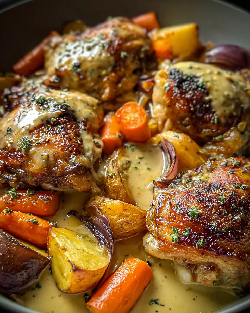 Close-up of tender braised chicken thighs in a creamy Dijon sauce with roasted potatoes, carrots, and red onions.