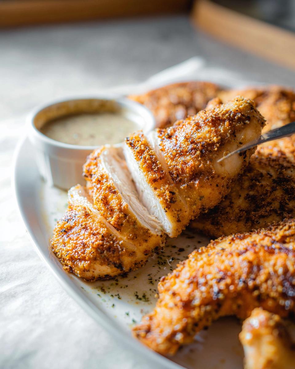 Close-up of sliced brined chicken breasts with a golden-brown crust, served with a side of sauce.