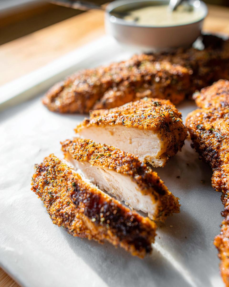 Close-up of sliced brined chicken breasts, showing moist and tender interior with a seasoned crust.