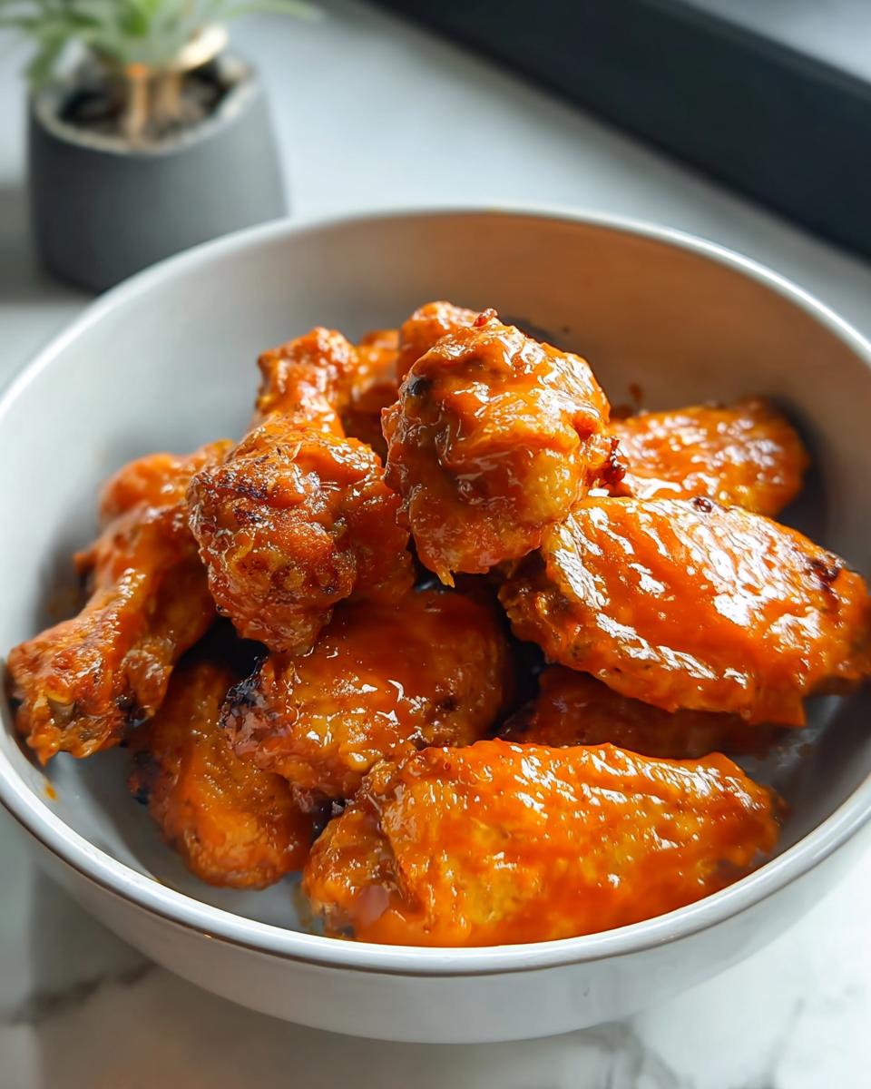 A bowl of delicious Buffalo Style Wings coated in a vibrant, tangy butter sauce.