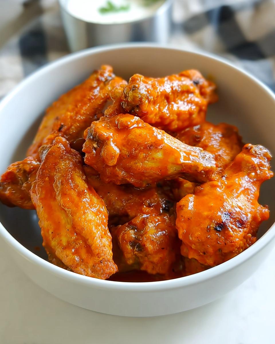 A bowl filled with delicious Buffalo Style Wings coated in a vibrant, tangy butter sauce.