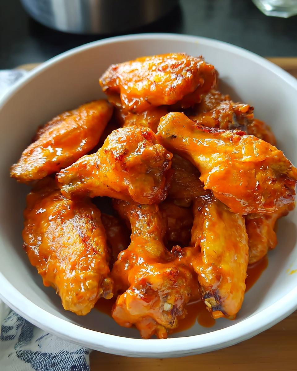 A bowl of delicious Buffalo Style Wings coated in a vibrant, tangy butter sauce.