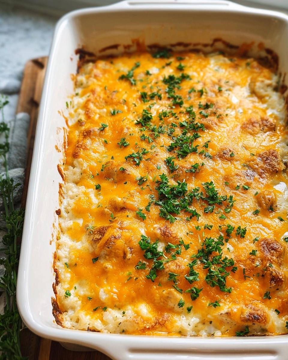 A golden-brown Cheesy Chicken and Rice Bake, topped with melted cheddar cheese and fresh parsley, served in a white baking dish.