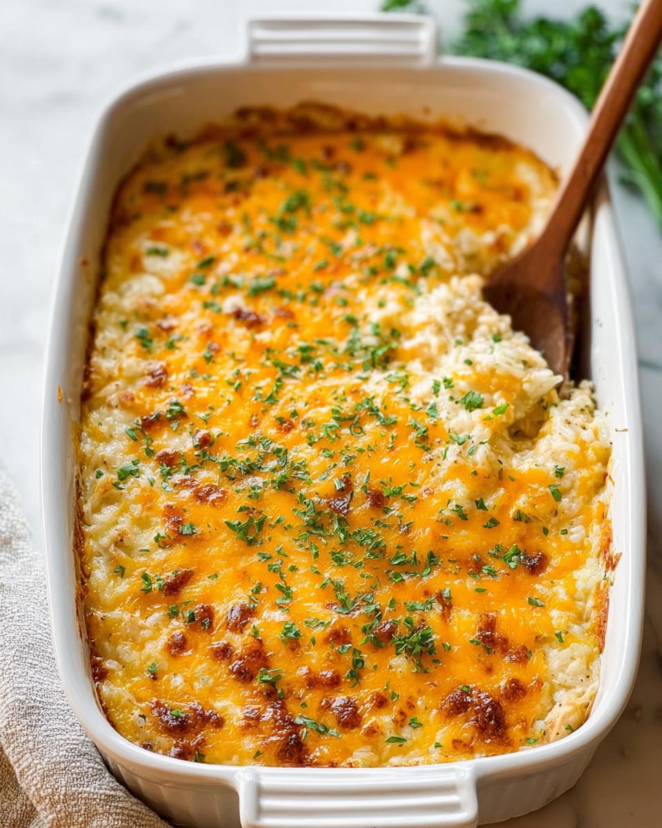 A golden-brown Cheesy Chicken and Rice Bake in a white casserole dish, topped with melted cheddar cheese and parsley.
