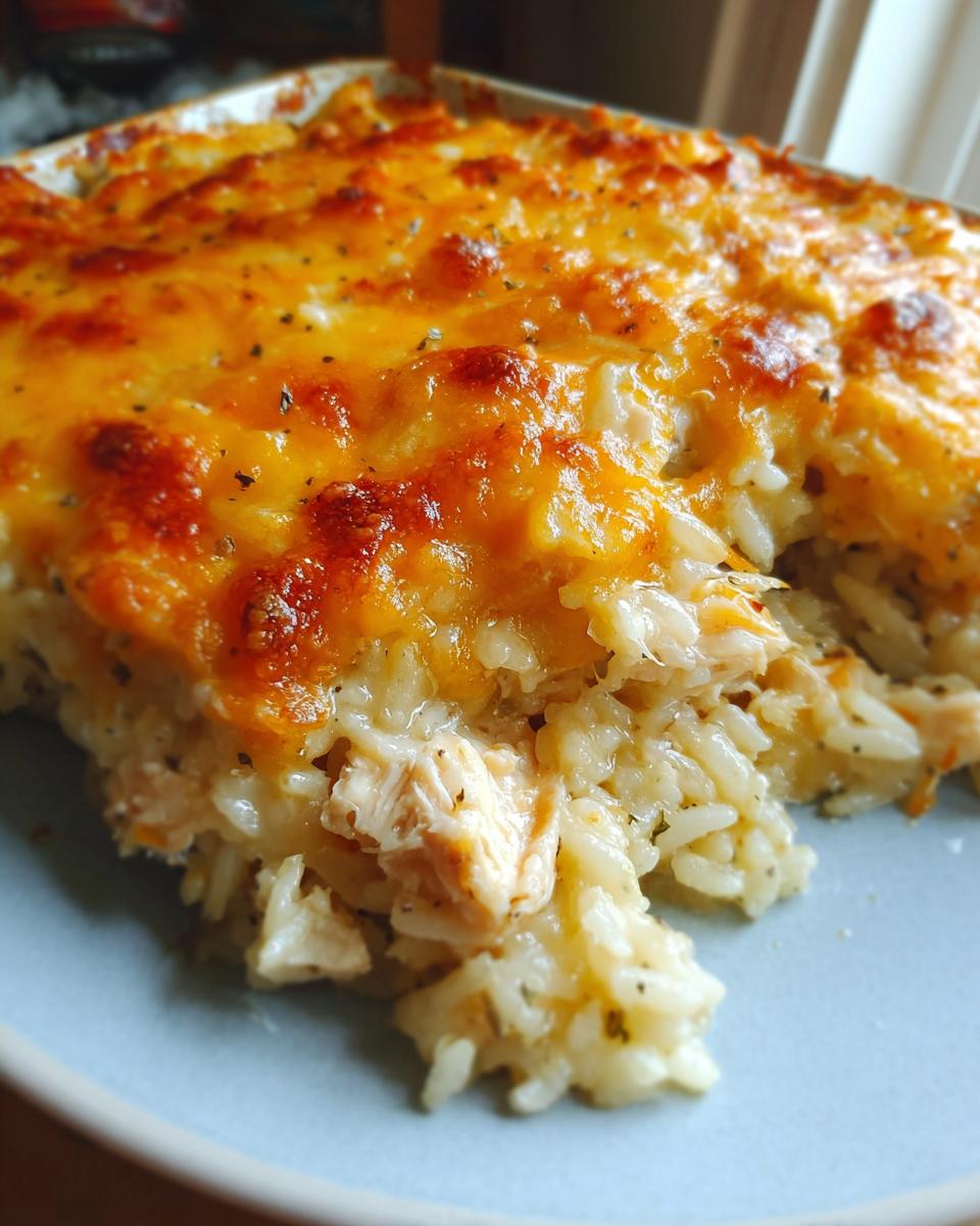 Close-up of a delicious Cheesy Chicken and Rice Bake, showing tender chicken and fluffy rice topped with melted, golden cheese.