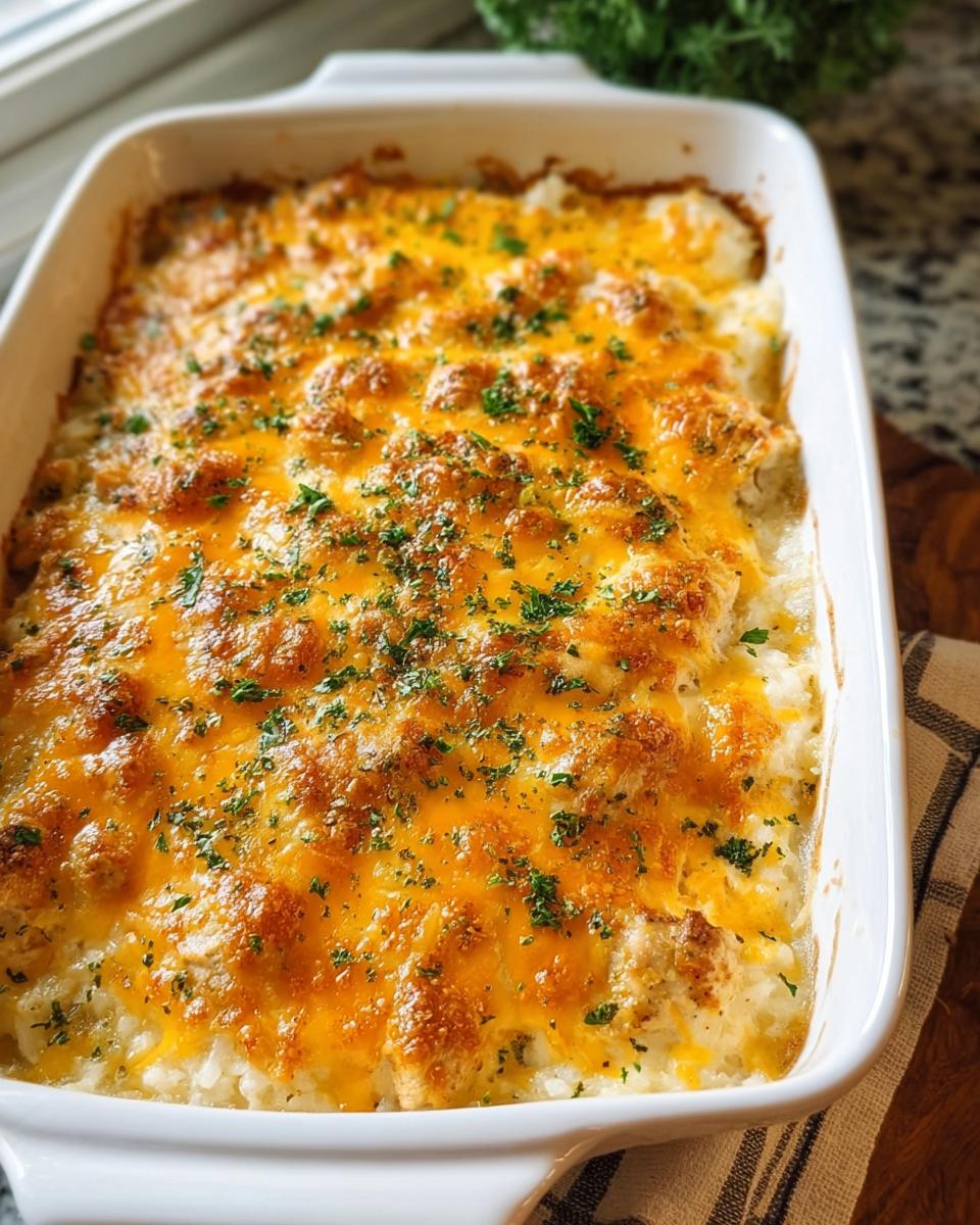 A golden brown cheesy chicken and rice bake in a white baking dish, garnished with parsley.