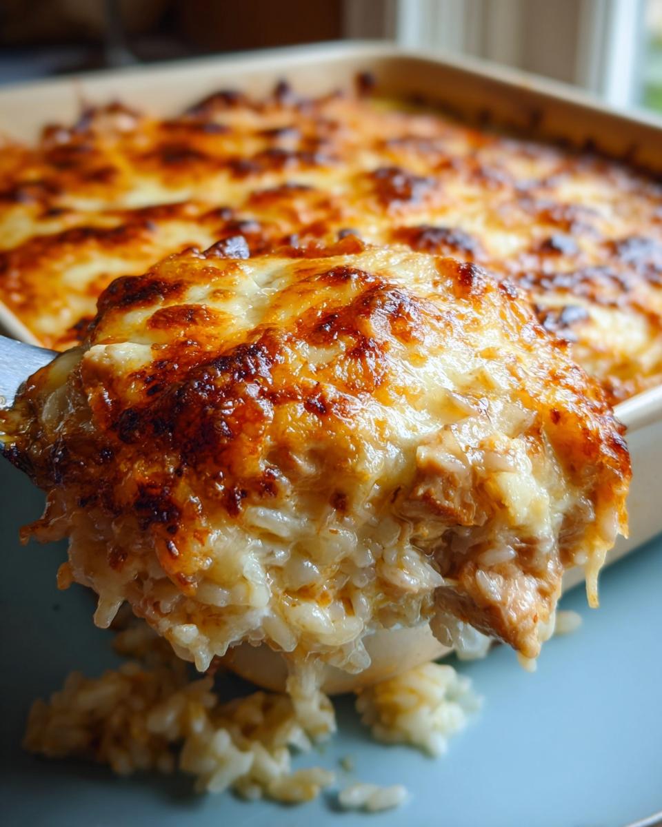 A serving spoon lifts a generous portion of cheesy chicken and rice bake, showing melted cheese and tender chicken.