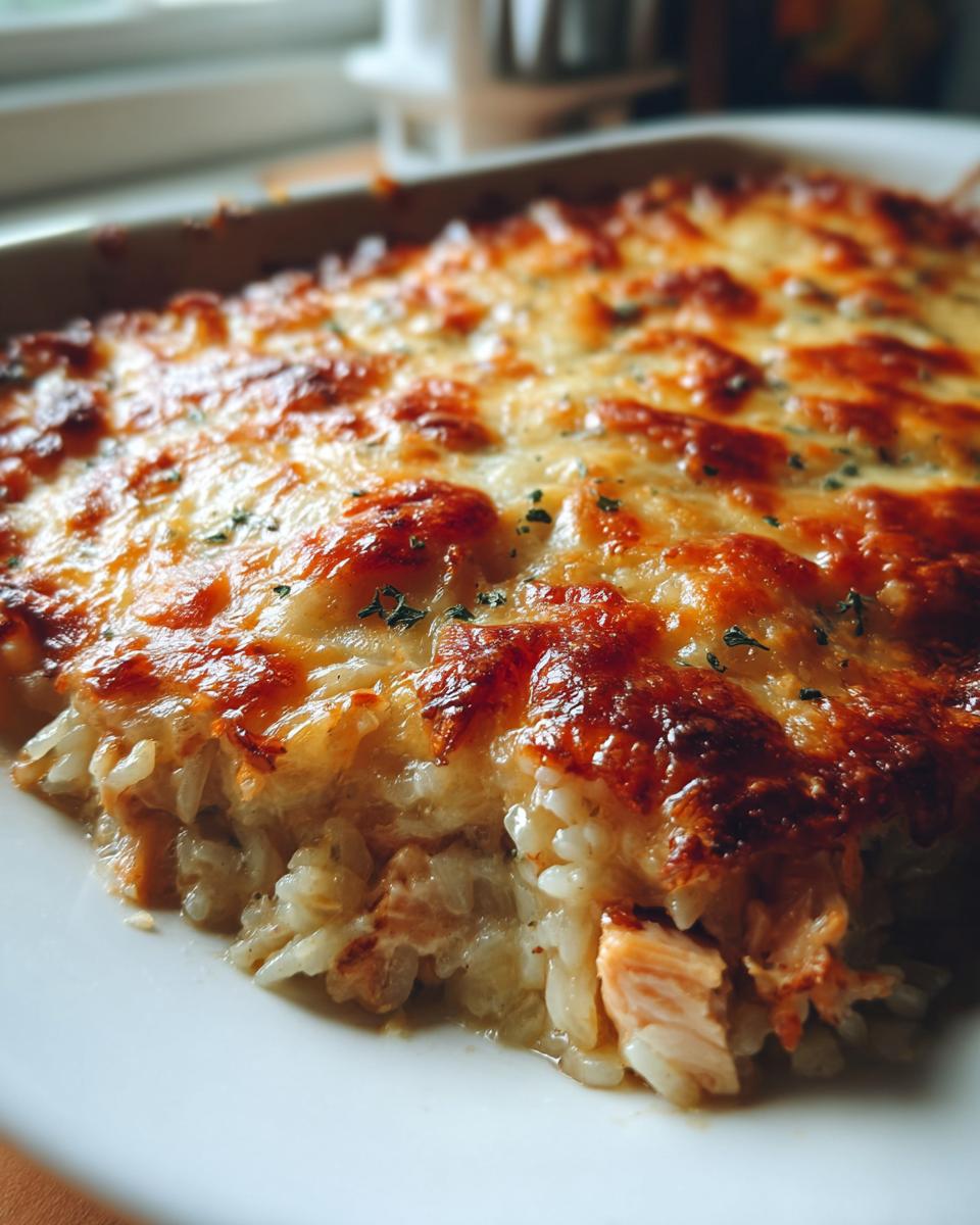 A slice of cheesy chicken and rice bake, with golden brown melted cheese and visible chicken and rice layers.