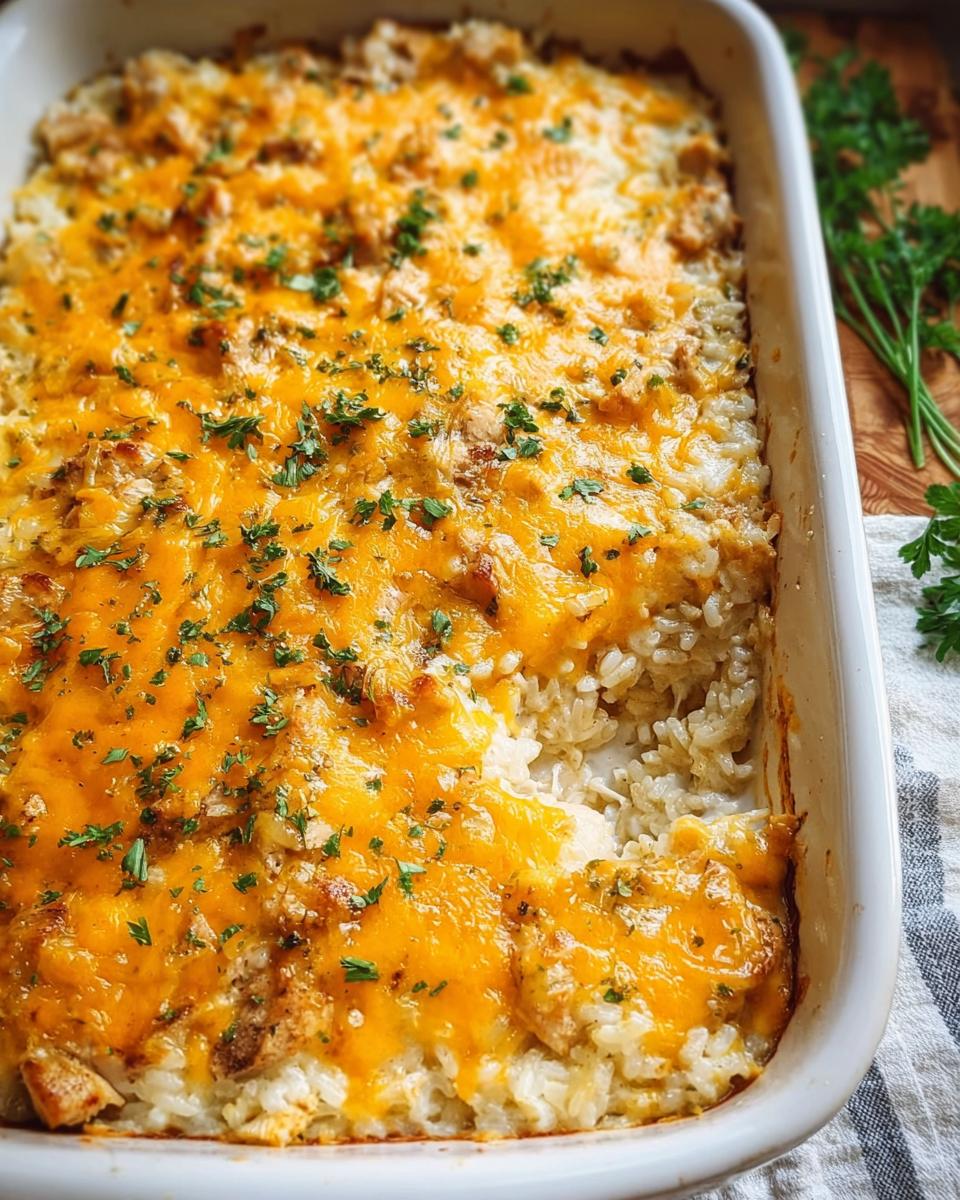 A close-up of a cheesy chicken and rice bake in a white baking dish, topped with melted cheddar cheese and parsley.