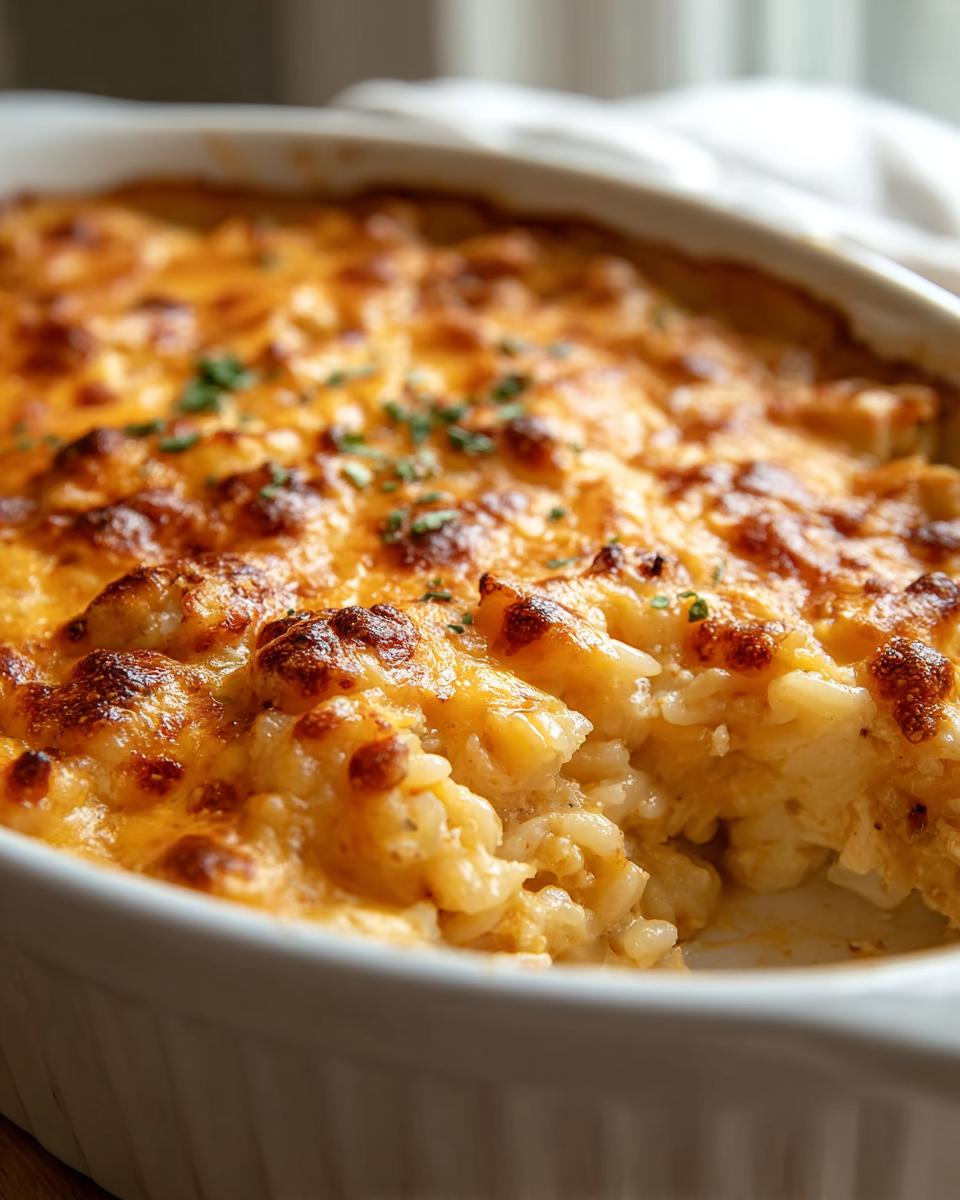 A close-up of a bubbly Cheesy Chicken and Rice Casserole with golden-brown melted cheese and garnished with parsley.