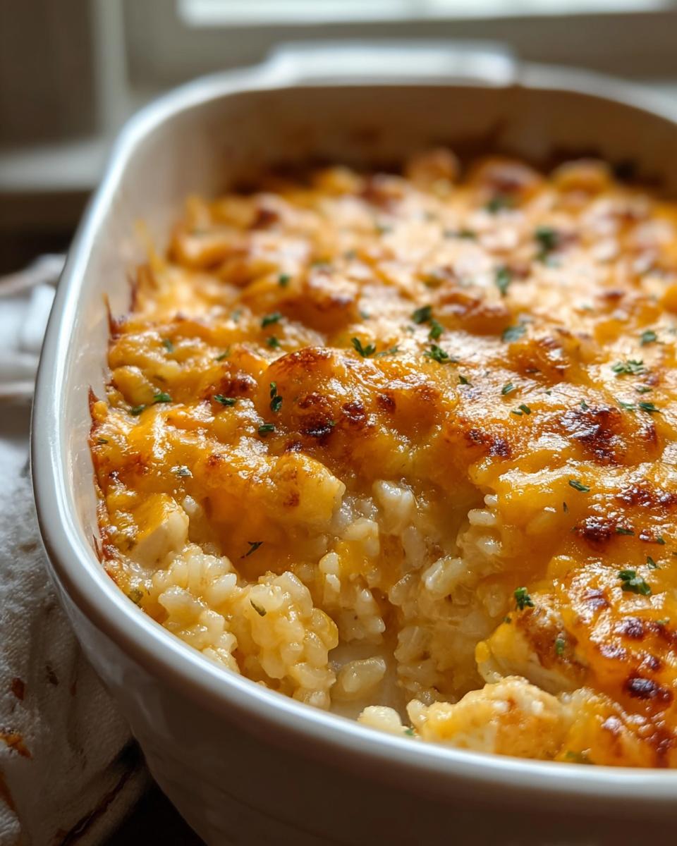 A close-up shot of a golden-brown Cheesy Chicken and Rice Casserole, topped with melted cheese and parsley.