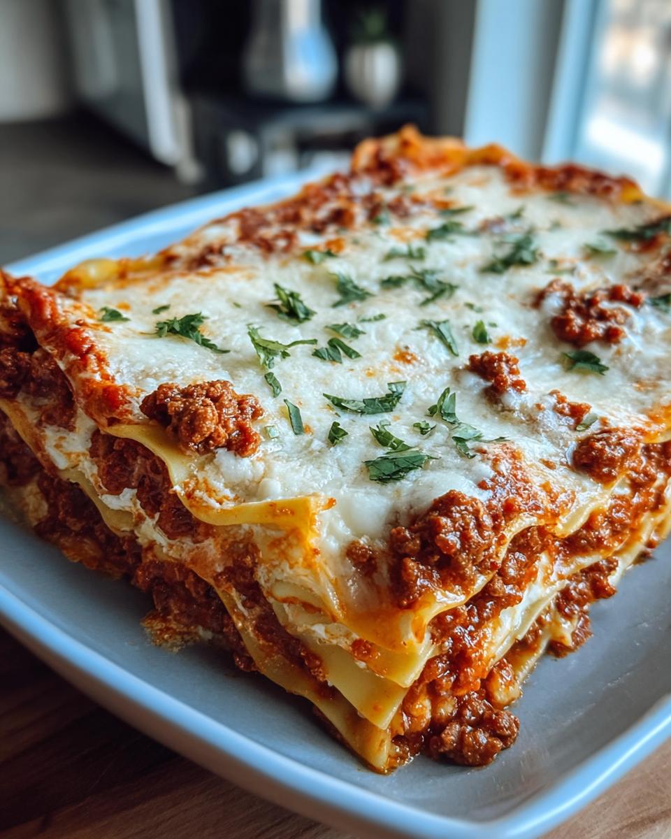 A delicious slice of Cheesy Ricotta Mozzarella Parmesan Lasagna, with layers of pasta, meat sauce, and melted cheese.