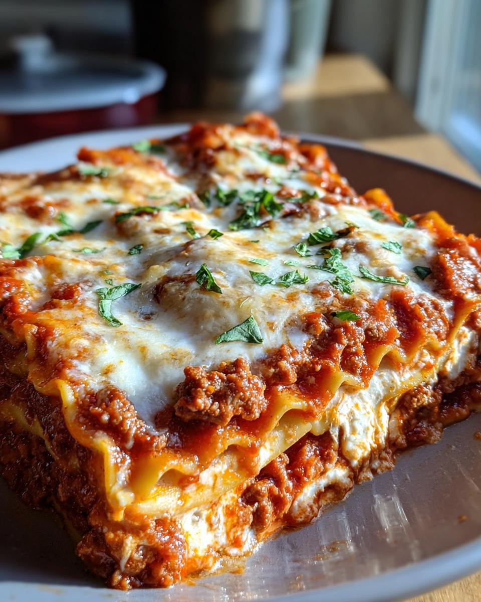 A delicious slice of Cheesy Ricotta Mozzarella Parmesan Lasagna, layered with pasta, meat sauce, and melted cheese, garnished with parsley.