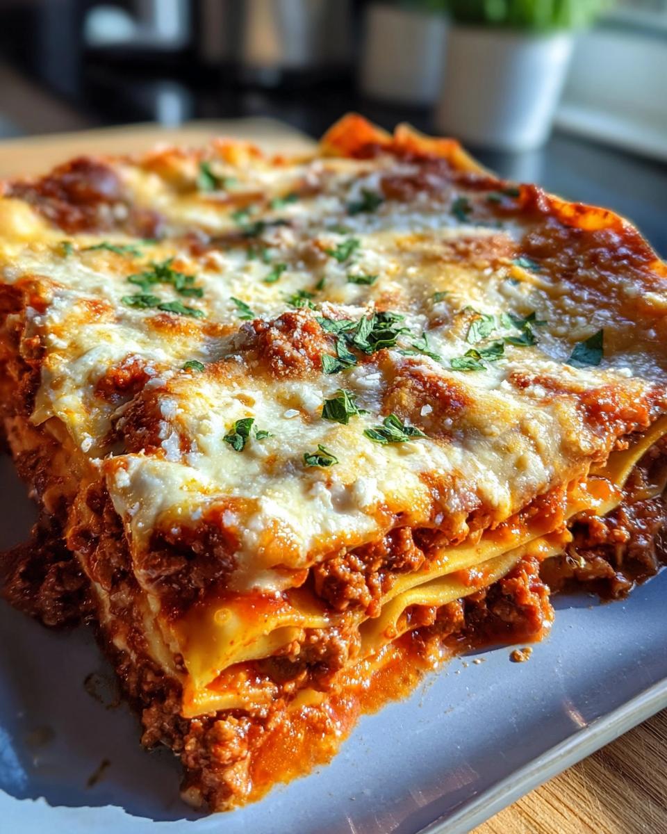 A close-up of a slice of Cheesy Ricotta Mozzarella Parmesan Lasagna, showing layers of pasta, meat sauce, and melted cheese.