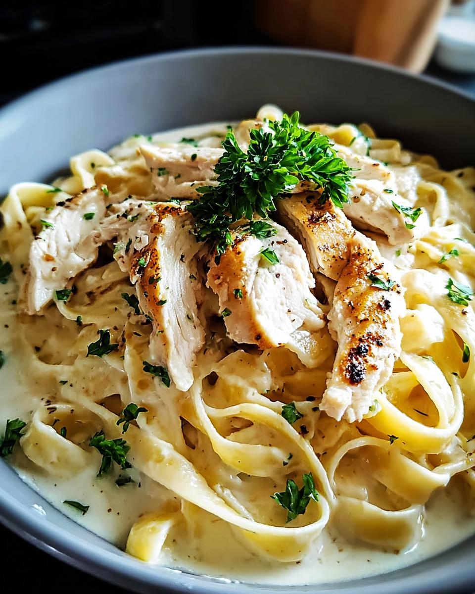 Close-up of Chicken Alfredo Pasta with a velvety texture, topped with grilled chicken and parsley.