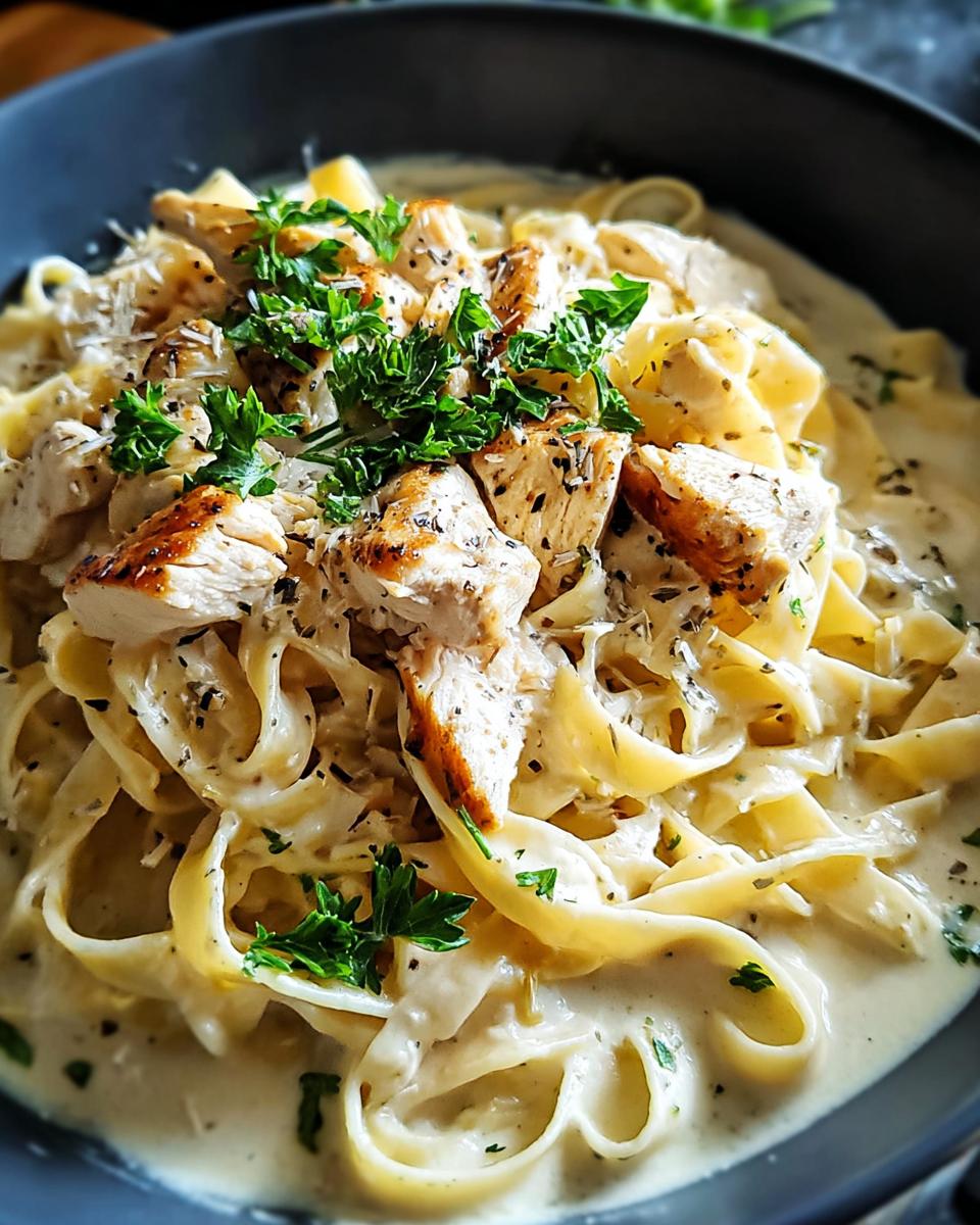 Close-up of Chicken Alfredo Pasta with a velvety texture, topped with grilled chicken pieces and fresh parsley.