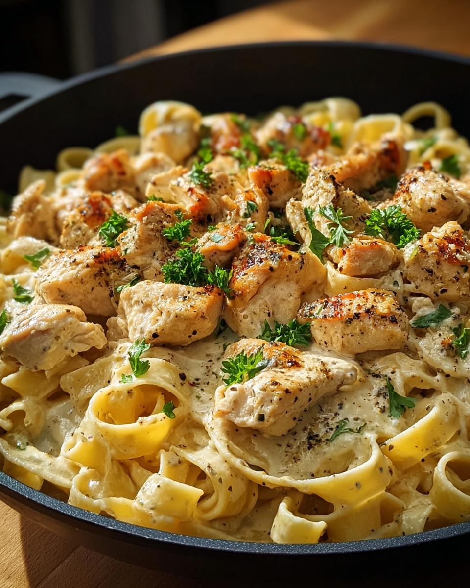 Close-up of a skillet filled with Chicken Alfredo, featuring fettuccine pasta coated in creamy sauce and topped with seasoned chicken pieces and parsley.