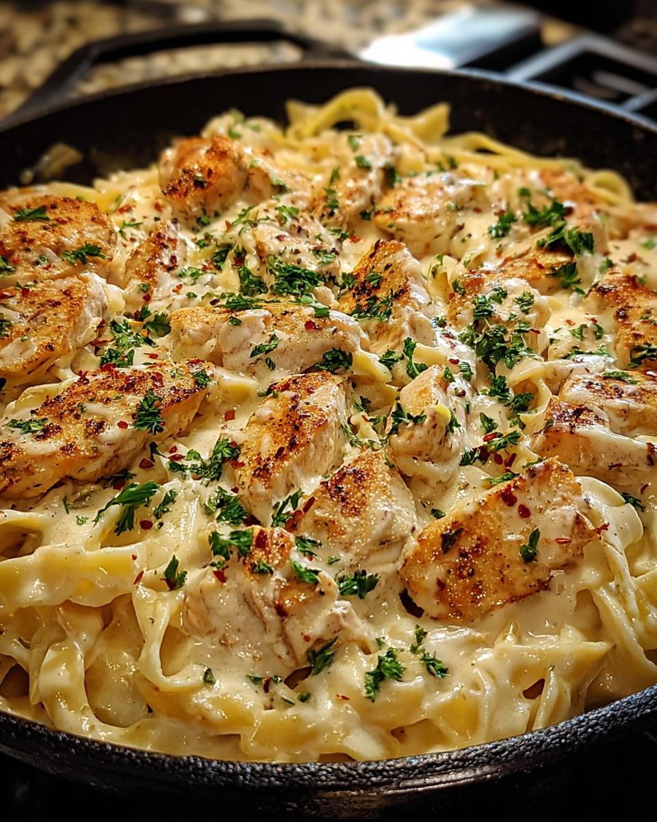 Close-up of Chicken Alfredo Skillet with Creamy Sauce, featuring tender chicken pieces and fettuccine pasta coated in a rich, creamy sauce, garnished with parsley.
