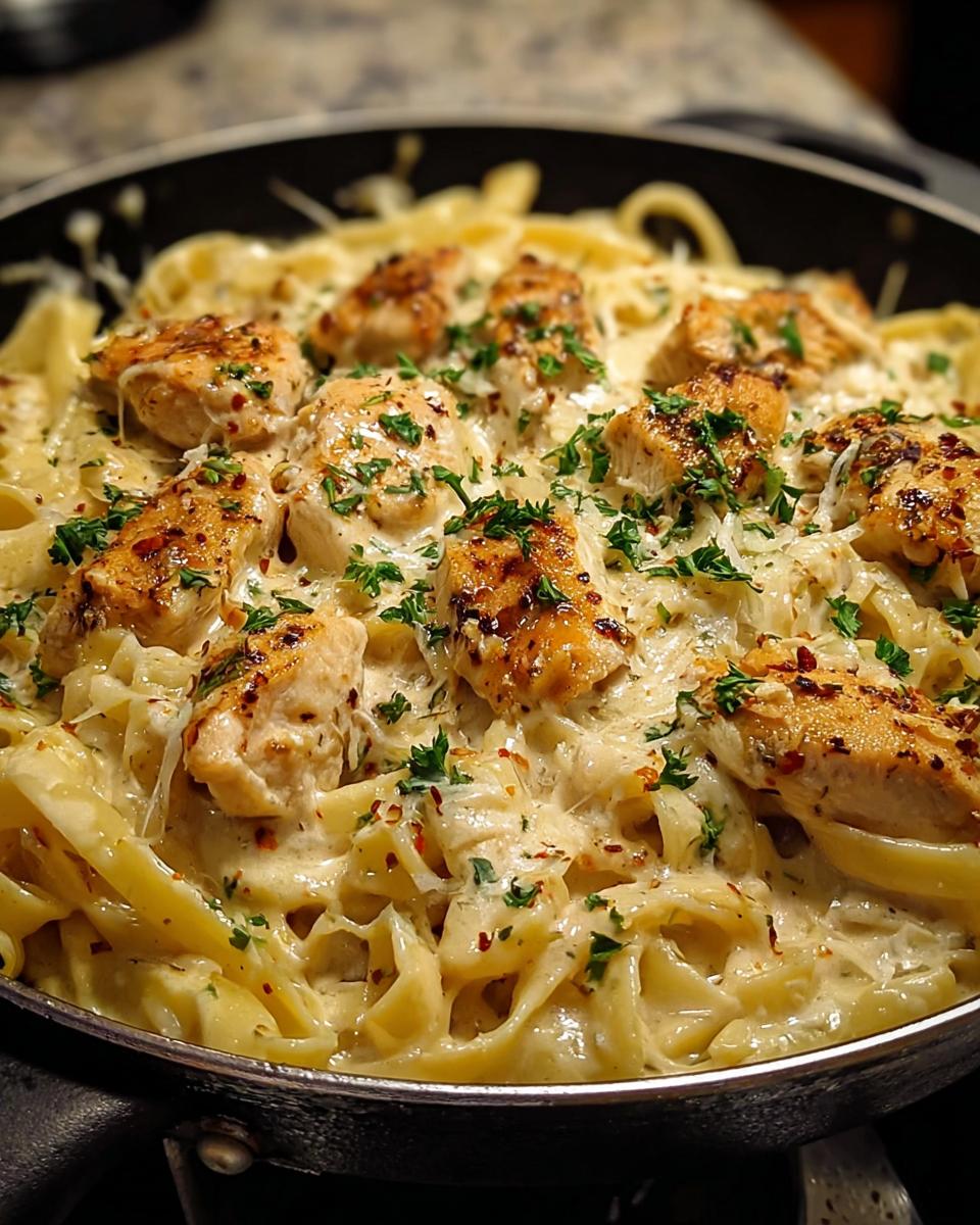 Close-up of a Chicken Alfredo Skillet with creamy sauce, fettuccine pasta, and garnished with parsley.