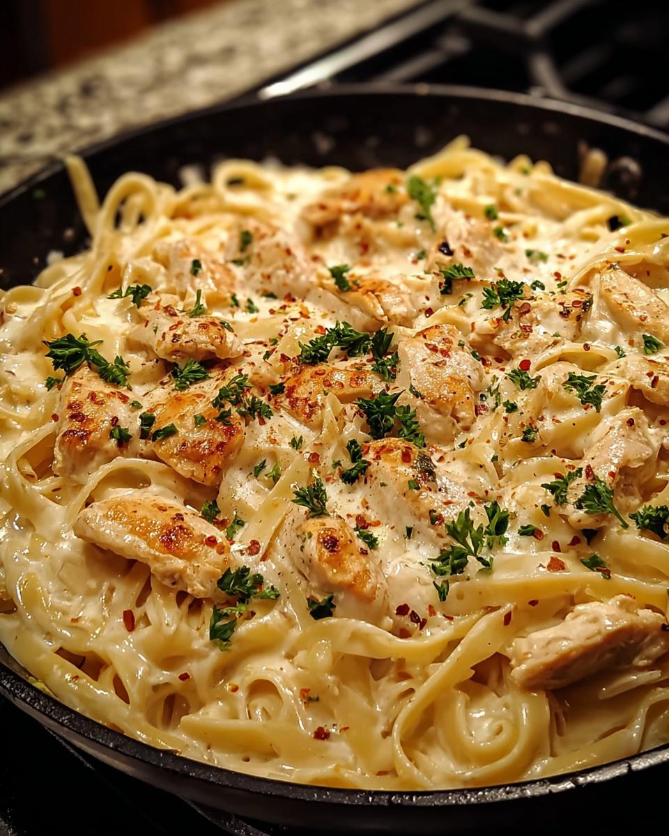 Close-up of Chicken Alfredo Skillet with Creamy Sauce, featuring fettuccine pasta, tender chicken pieces, and a rich, creamy sauce, garnished with parsley and red pepper flakes.