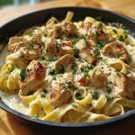 A close-up of a skillet filled with Chicken Alfredo, featuring fettuccine pasta, tender chicken pieces, and a rich, creamy sauce, garnished with parsley.