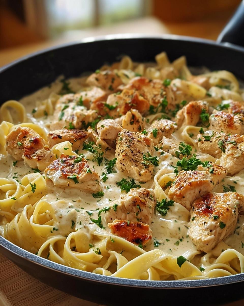 A close-up of a skillet filled with Chicken Alfredo, featuring fettuccine pasta, tender chicken pieces, and a rich, creamy sauce, garnished with parsley.