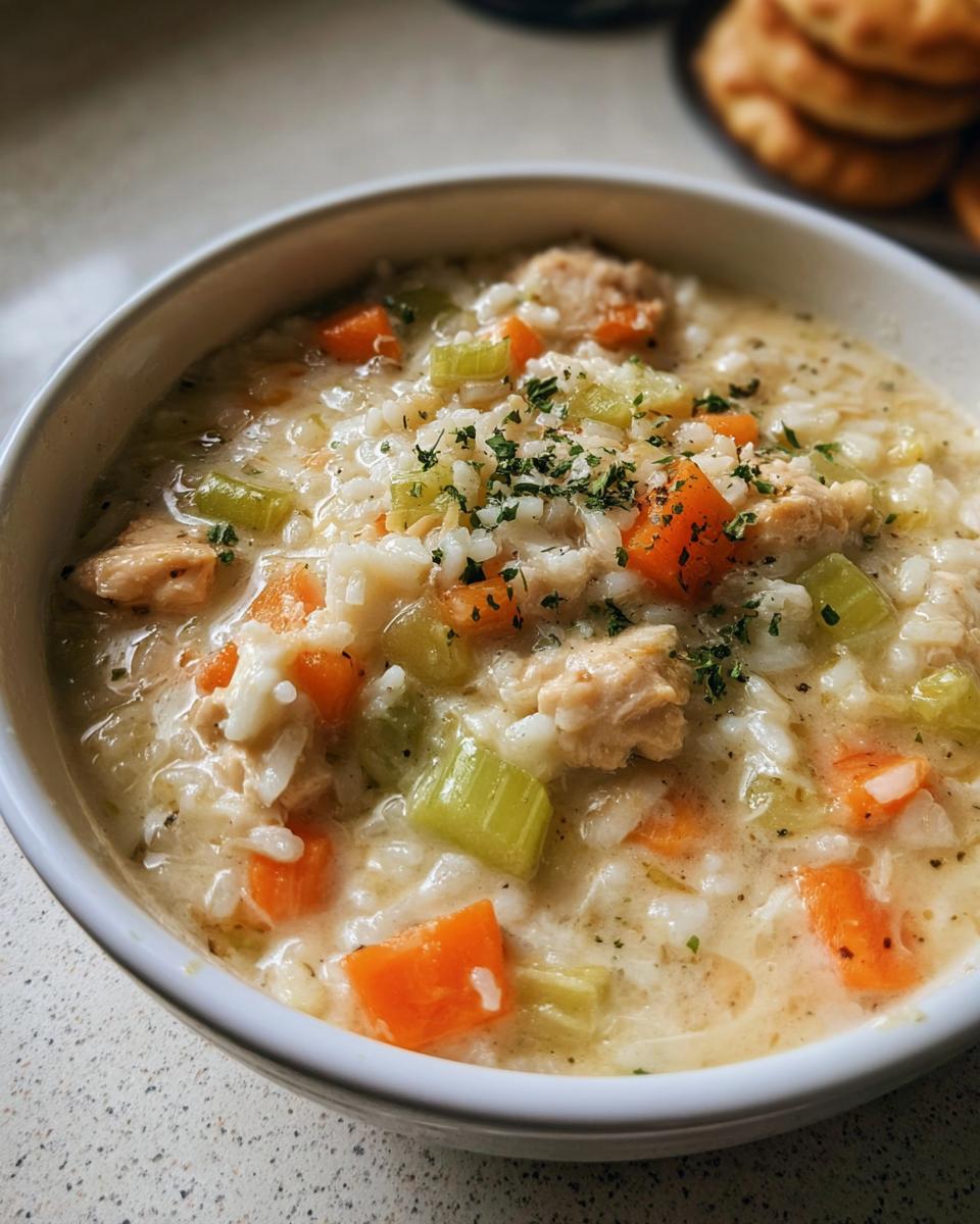 A close-up of a bowl of comforting Chicken and Rice Soup Style Bowl, filled with tender chicken, rice, carrots, and celery, garnished with parsley.
