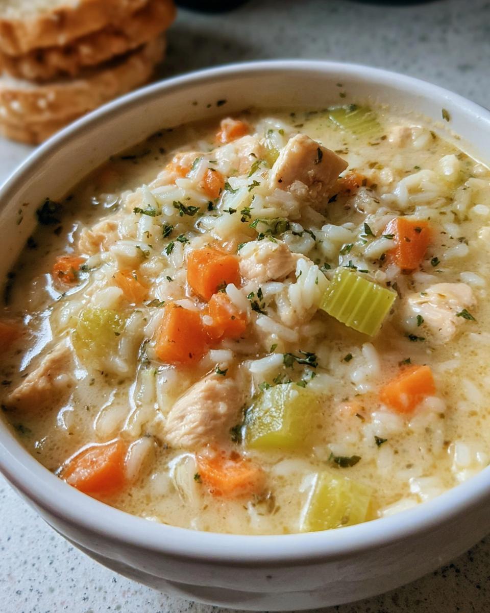 A close-up of a bowl of creamy Chicken and Rice Soup Style Bowl, filled with tender chicken, fluffy rice, carrots, and celery.