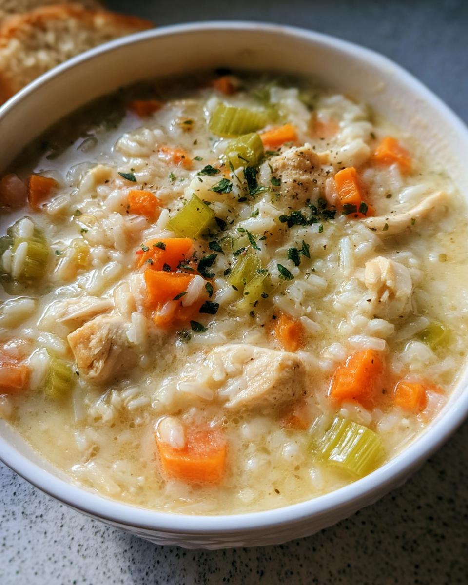 A close-up of a comforting bowl of Chicken and Rice Soup Style Bowl for Cozy Days, with visible chicken pieces, rice, carrots, and celery.