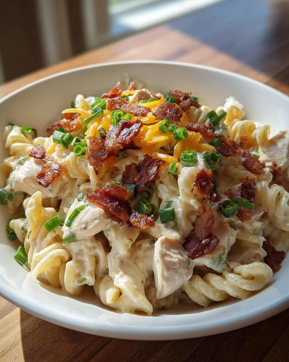 A bowl of Chicken Bacon Ranch Pasta topped with crispy bacon, shredded cheese, and chopped green onions.