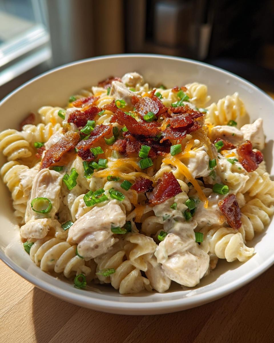 A bowl of Chicken Bacon Ranch Pasta topped with crispy bacon bits and fresh chives.