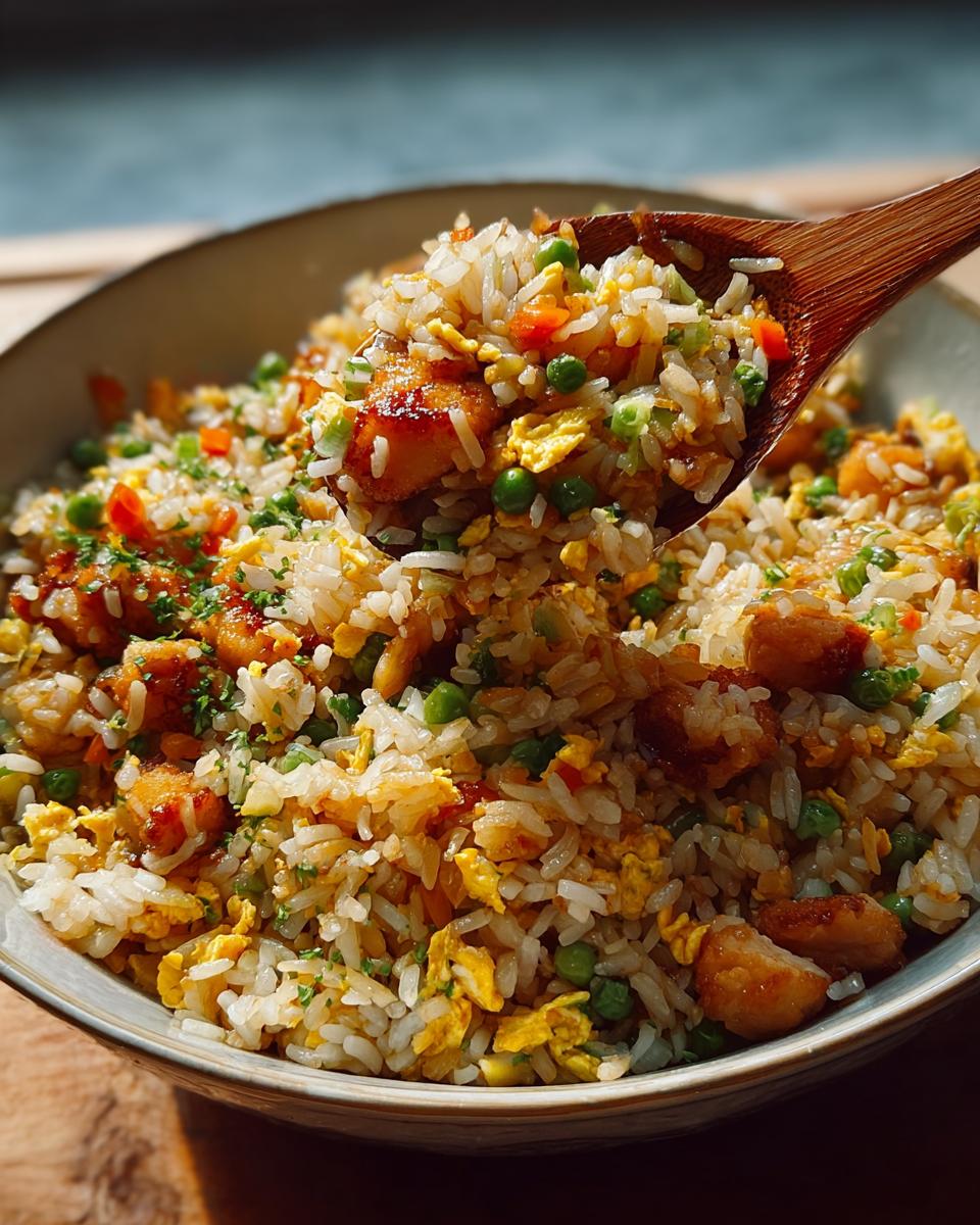A wooden spoon scooping a generous portion of Chicken Fried Rice with Extra Crispy Bits, showing chicken pieces, peas, carrots, and scrambled egg.