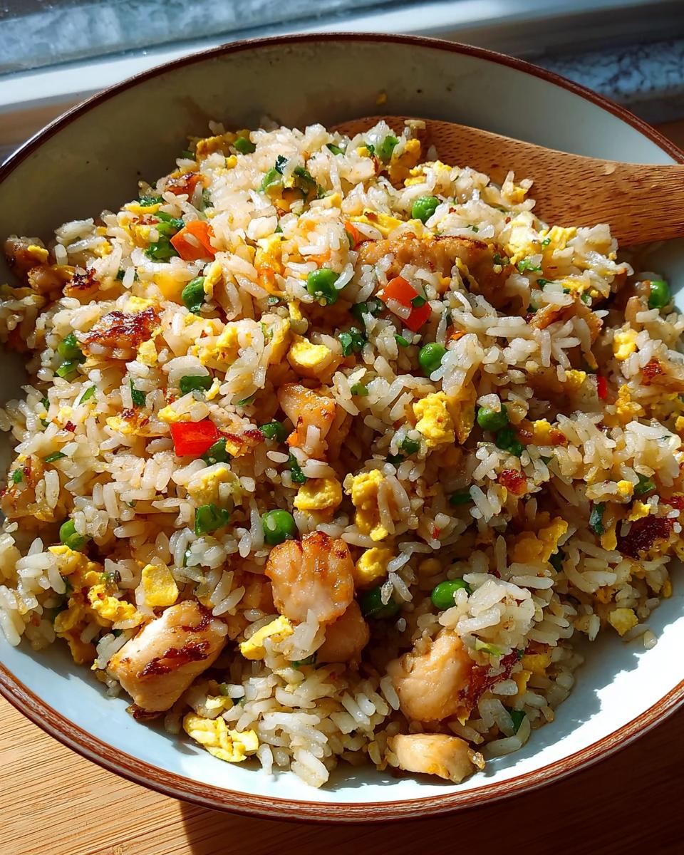 A bowl of delicious Chicken Fried Rice with extra crispy bits, featuring tender chicken, scrambled eggs, peas, and diced carrots.
